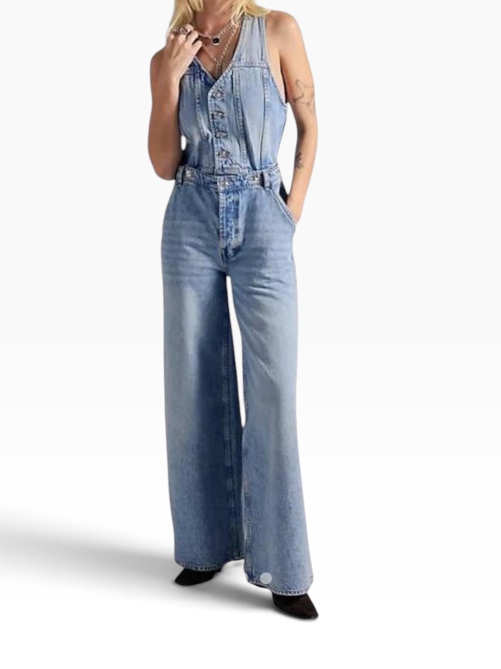 We The Free Light Blue Wide-Leg Denim Overalls